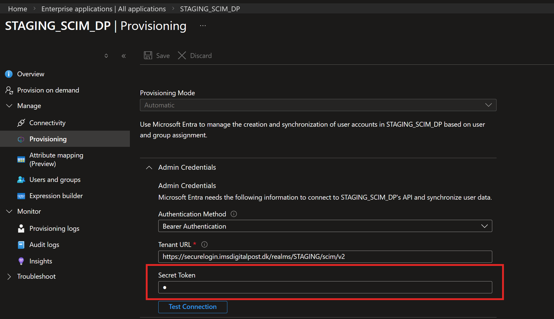 Admin Credentials sektion med Secret Token felt