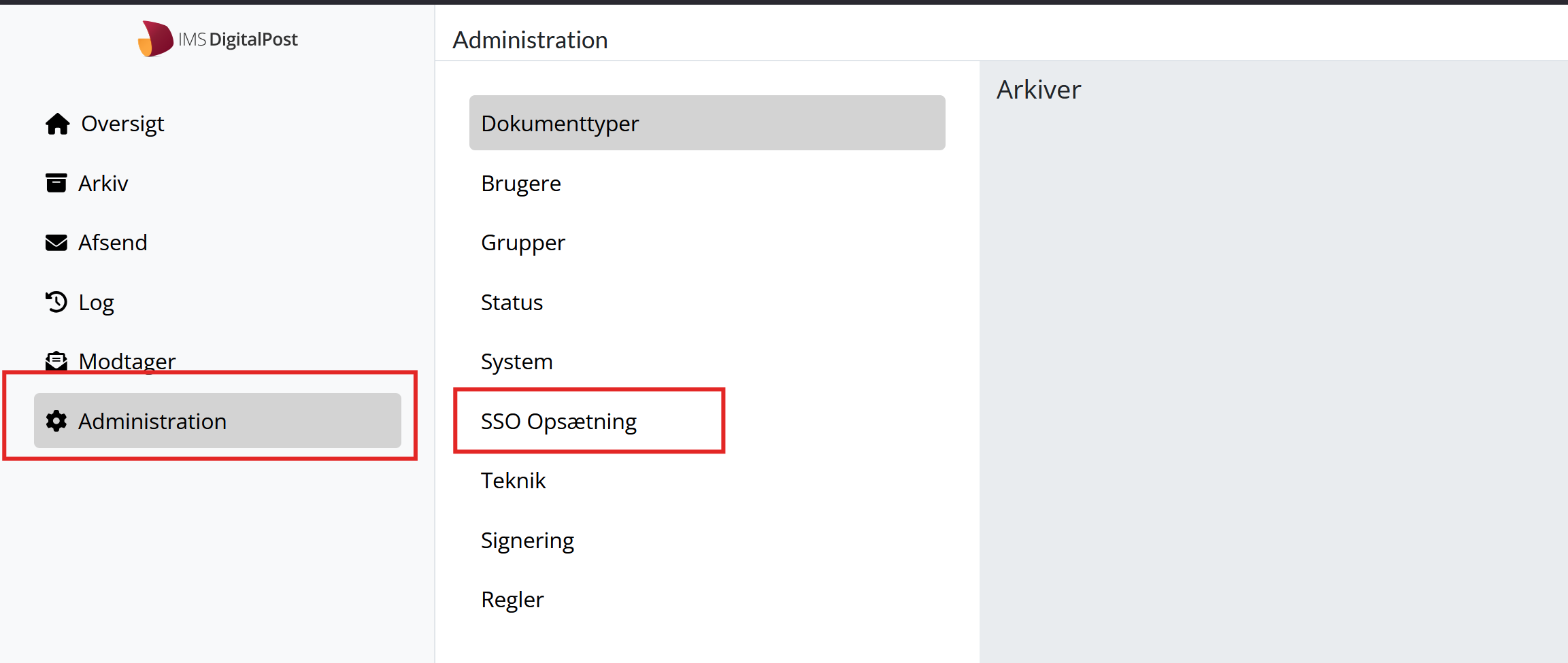 Administration menu med SSO Opsætning