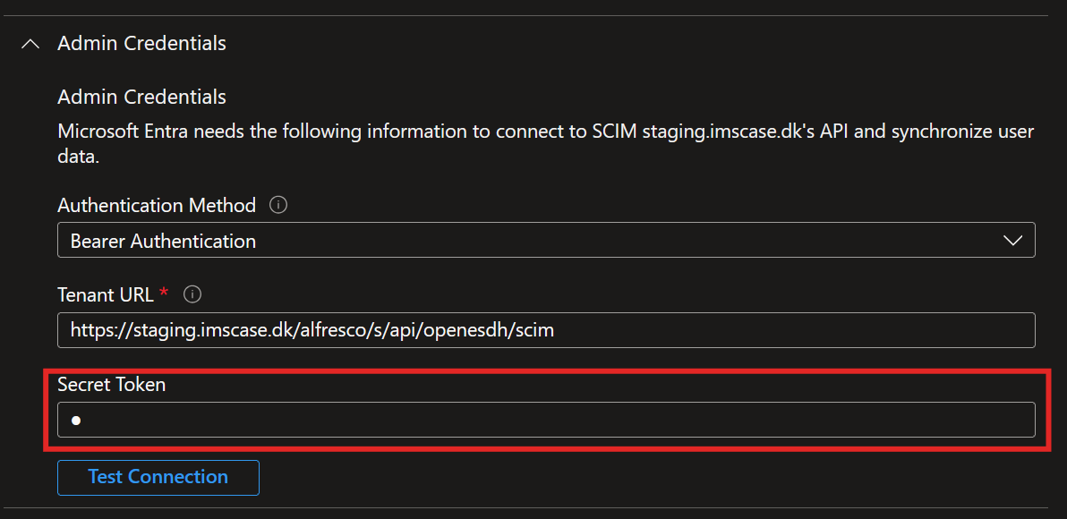Admin Credentials sektion med Secret Token felt